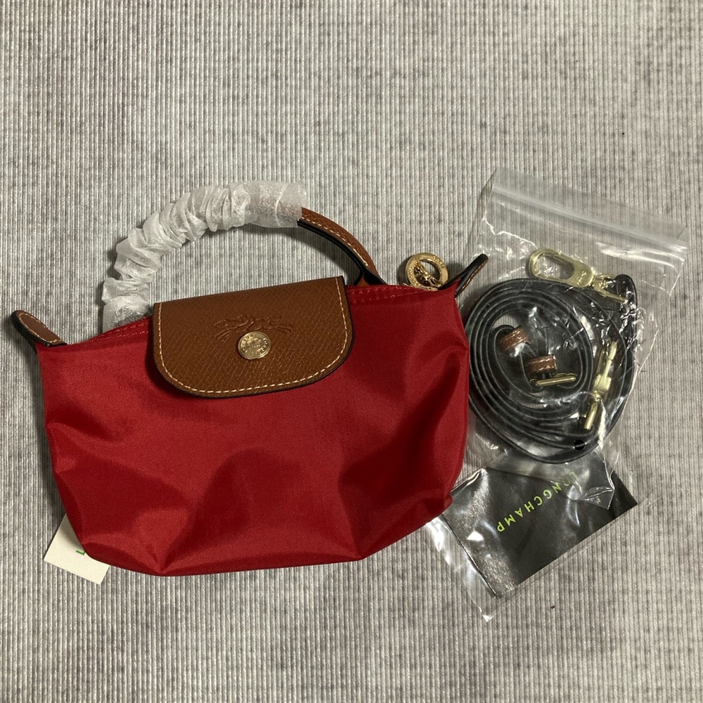 Longchamp Red Nylon Mini Crossbody with Brown Leather Trim